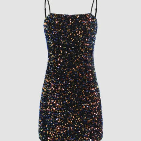 Cider Sequin Cami Split Short Dress with High Waist Ruching Sparkle Comfort for Music Festival Clubbing Date Night Graduation Parties,XL/Black